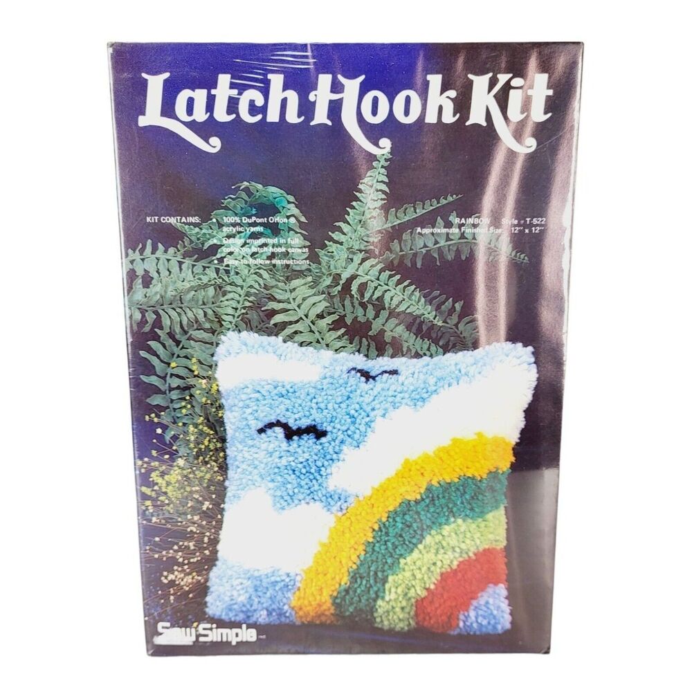 Vintage 70s Sew Simple Latch Hook Pillow Rainbow Sky Birds 12" x 12" Craft T-522